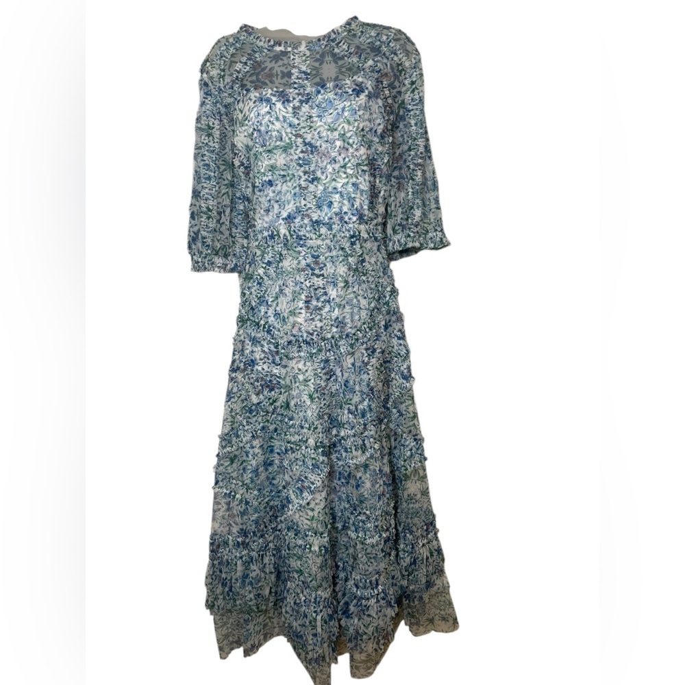 Mac Duggal 8011 Blue Floral Mesh Puff Sleeve Midi Dress Size 18 NWOT - Picture 2 of 6
